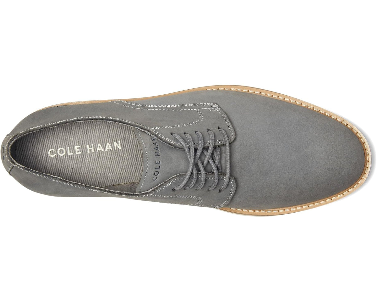 Men's Cole Haan Morse lace-up oxford showing interior, gray suede, ivory sole