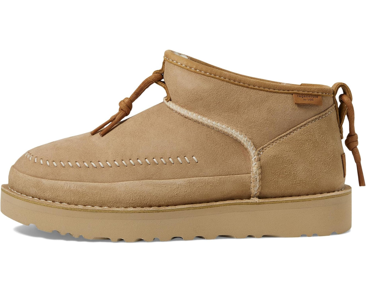 Unisex sand suede ankle boot with lace-up ties, stitched detail, and rubber sole