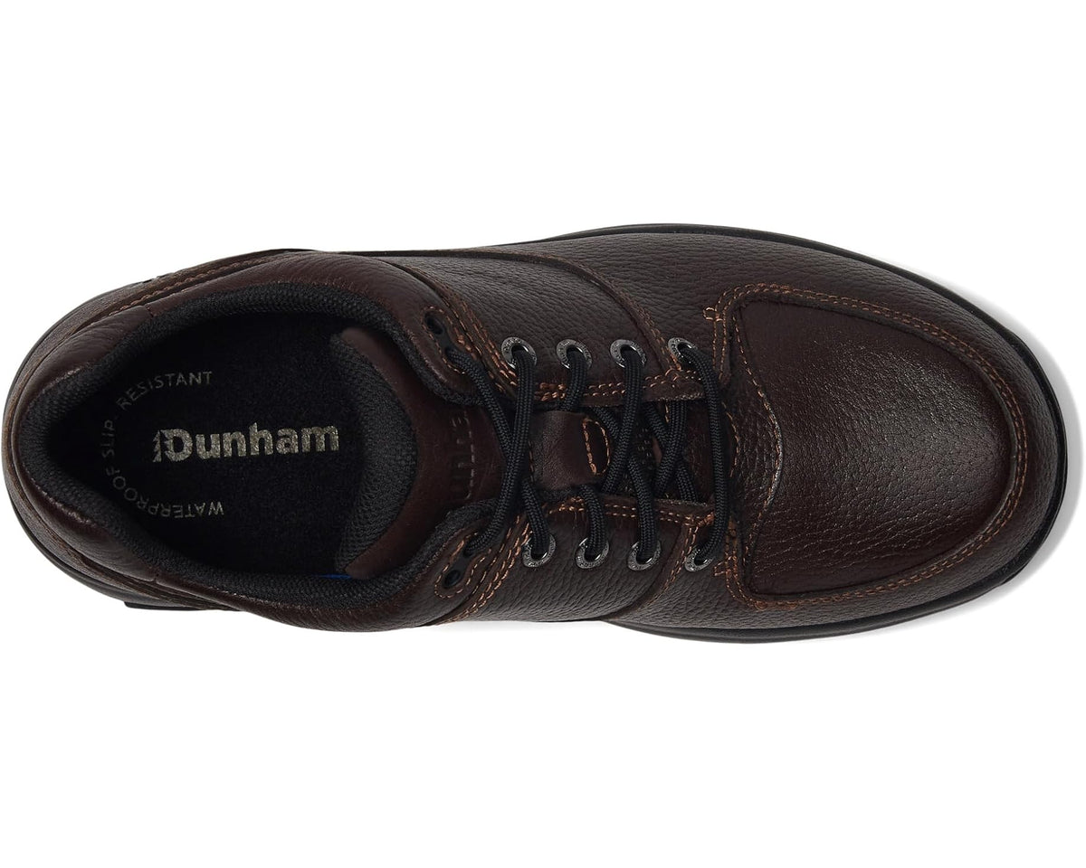 Men's waterproof leather lace-up shoe with Dunham logo on black-lined tongue