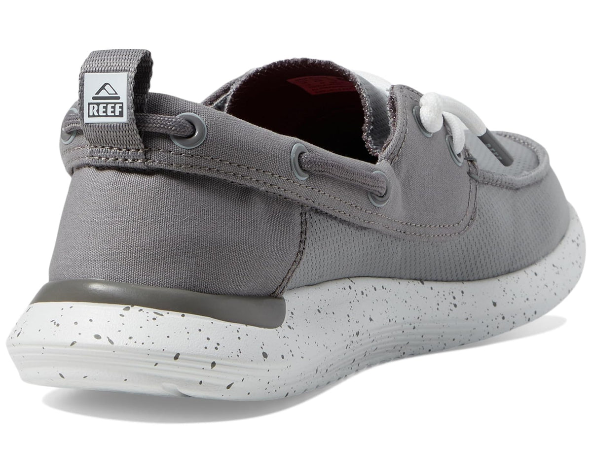 Grey mesh heel with red inner lining and lace-up closure, speckled sole