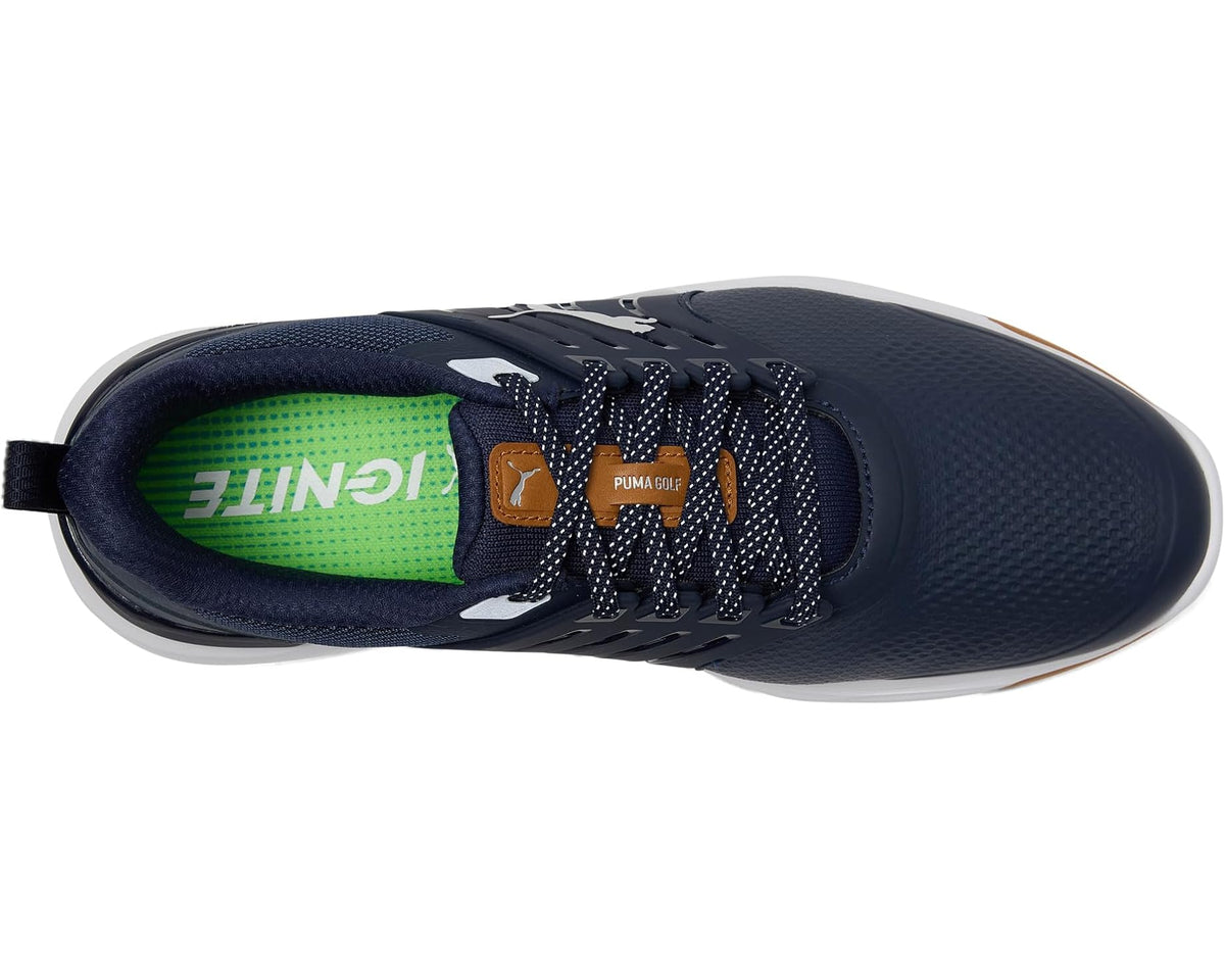 Men's PUMA golf shoe interior view with green lining and lace-up navy upper