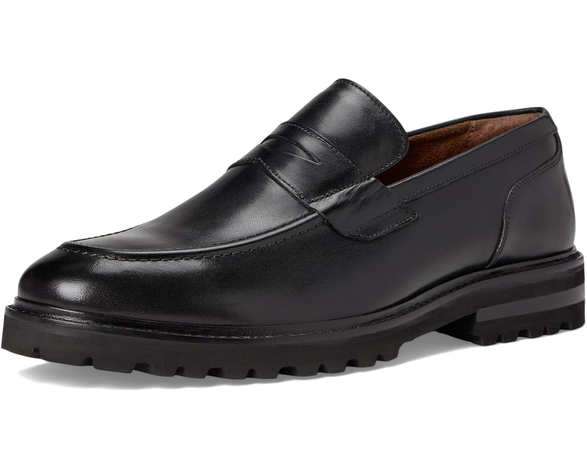 Black leather penny slip-on loafer with penny strap and red collar lining