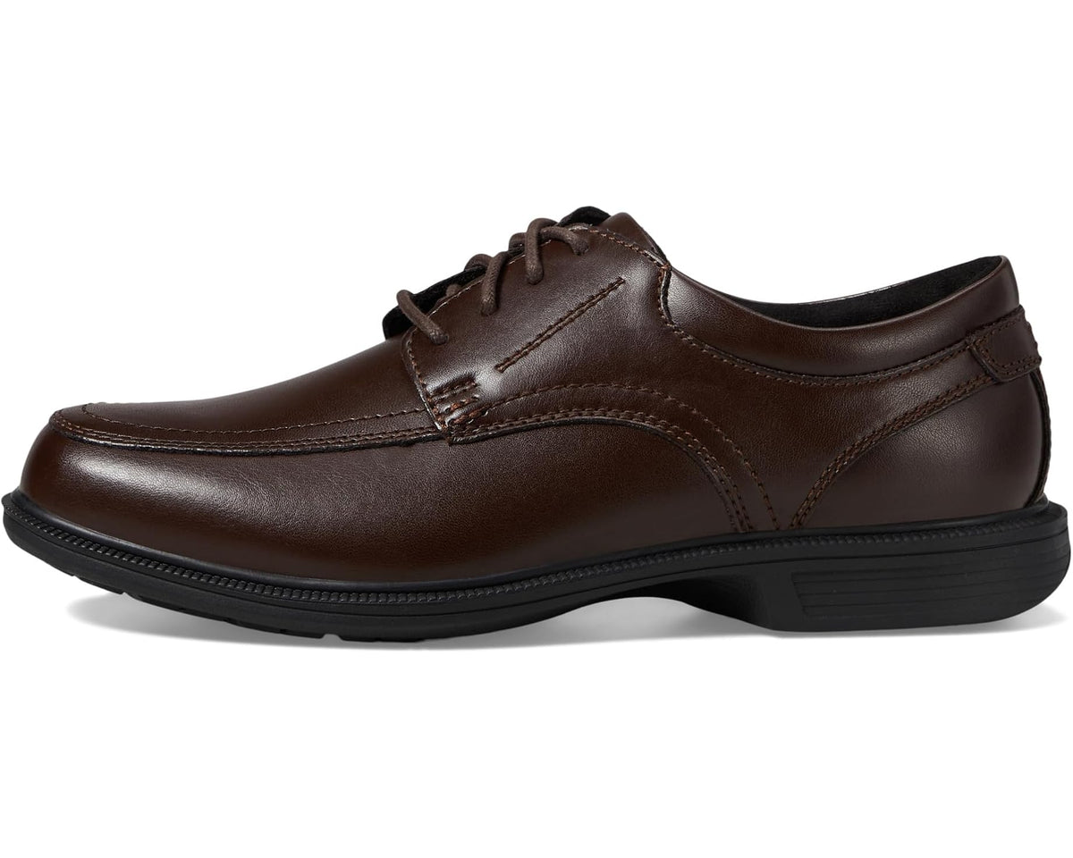 Brown leather lace-up moc toe oxford shoe with stitched detail and black sole