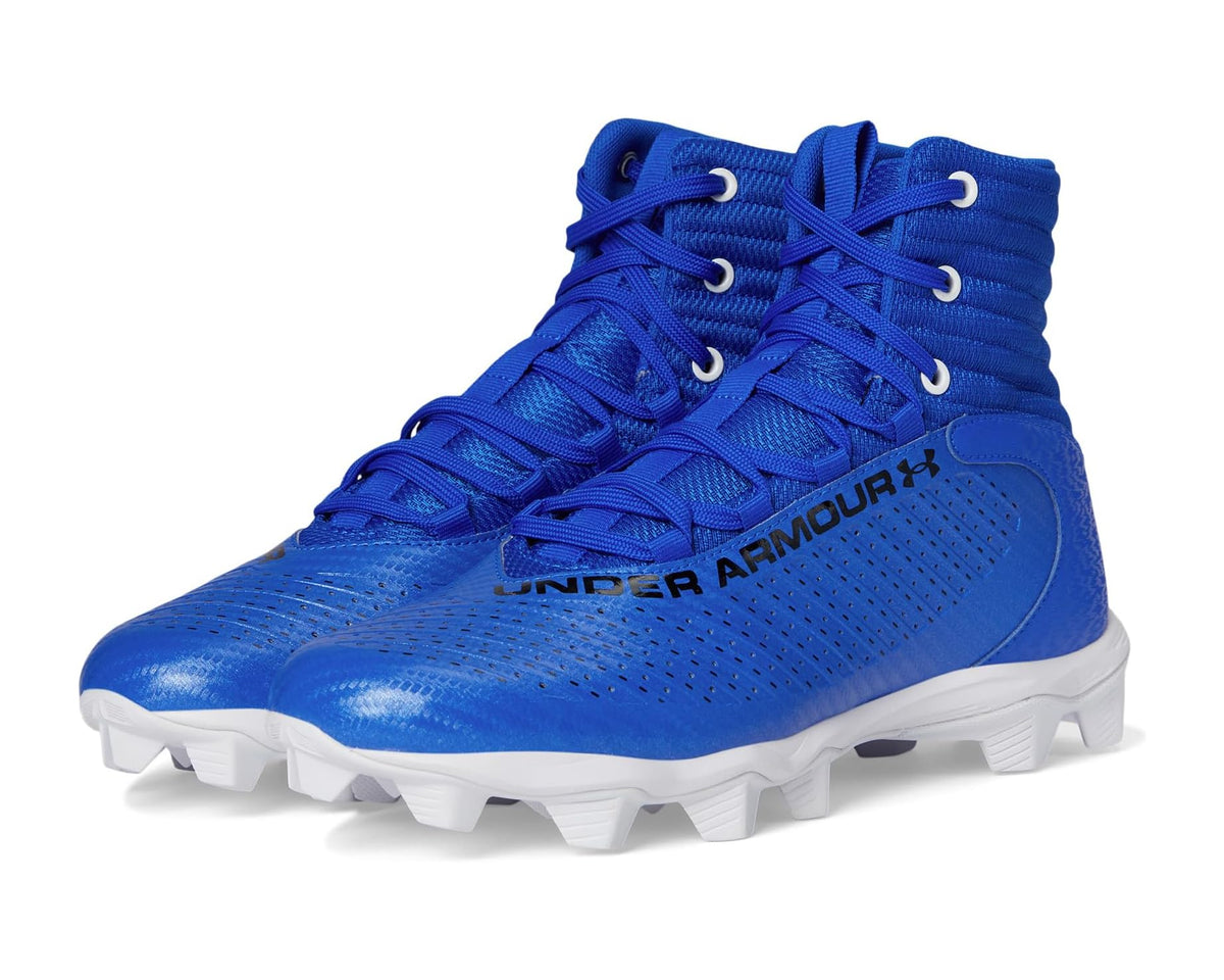 Men's Under Armour high-top football cleat in royal blue with white sole and laces