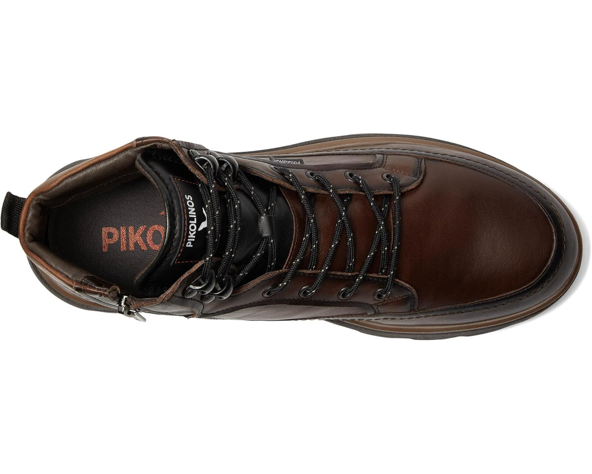 Men's brown lace-up ankle boot, side view with cushioned lining and padded collar