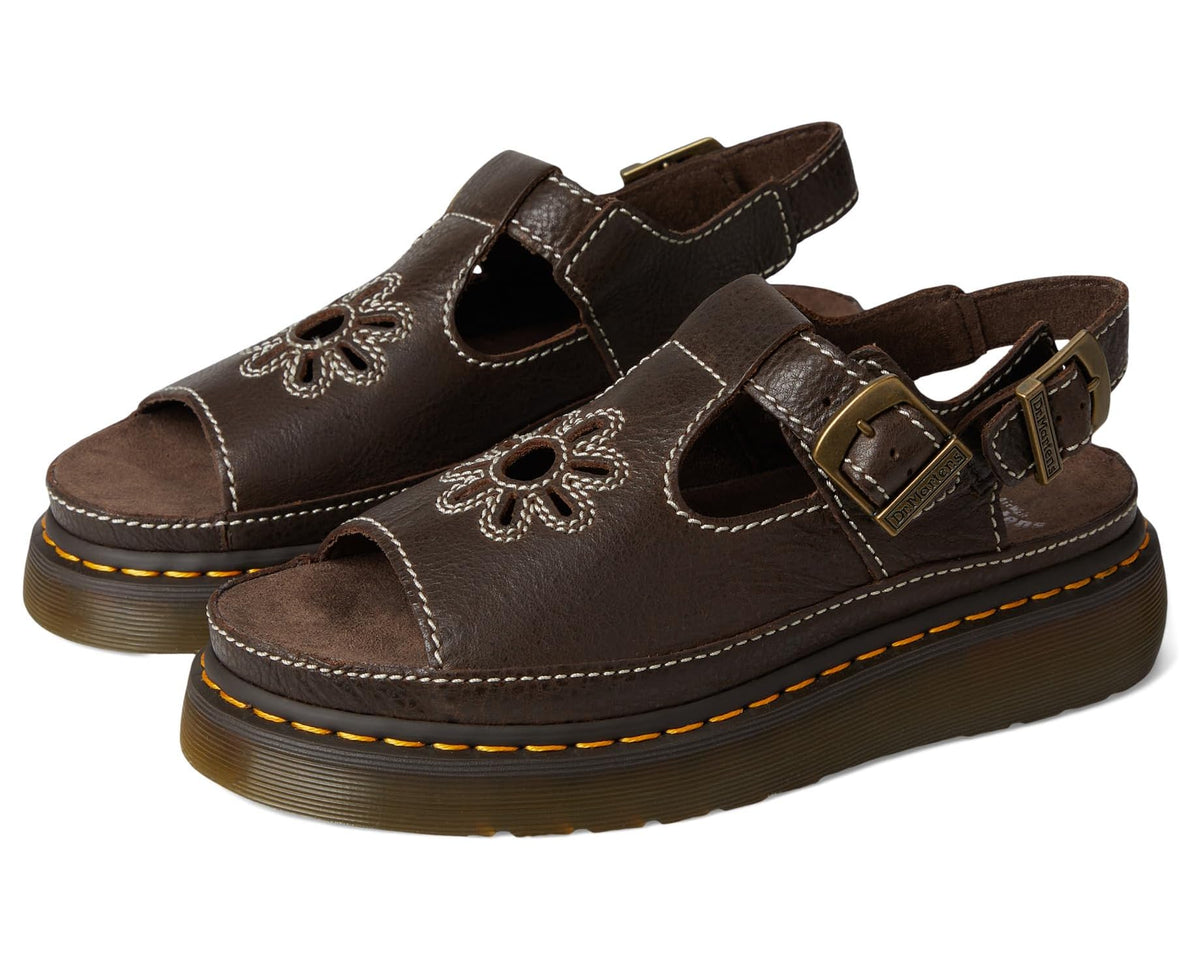 Brown leather unisex sandal with flower cutout and adjustable buckles