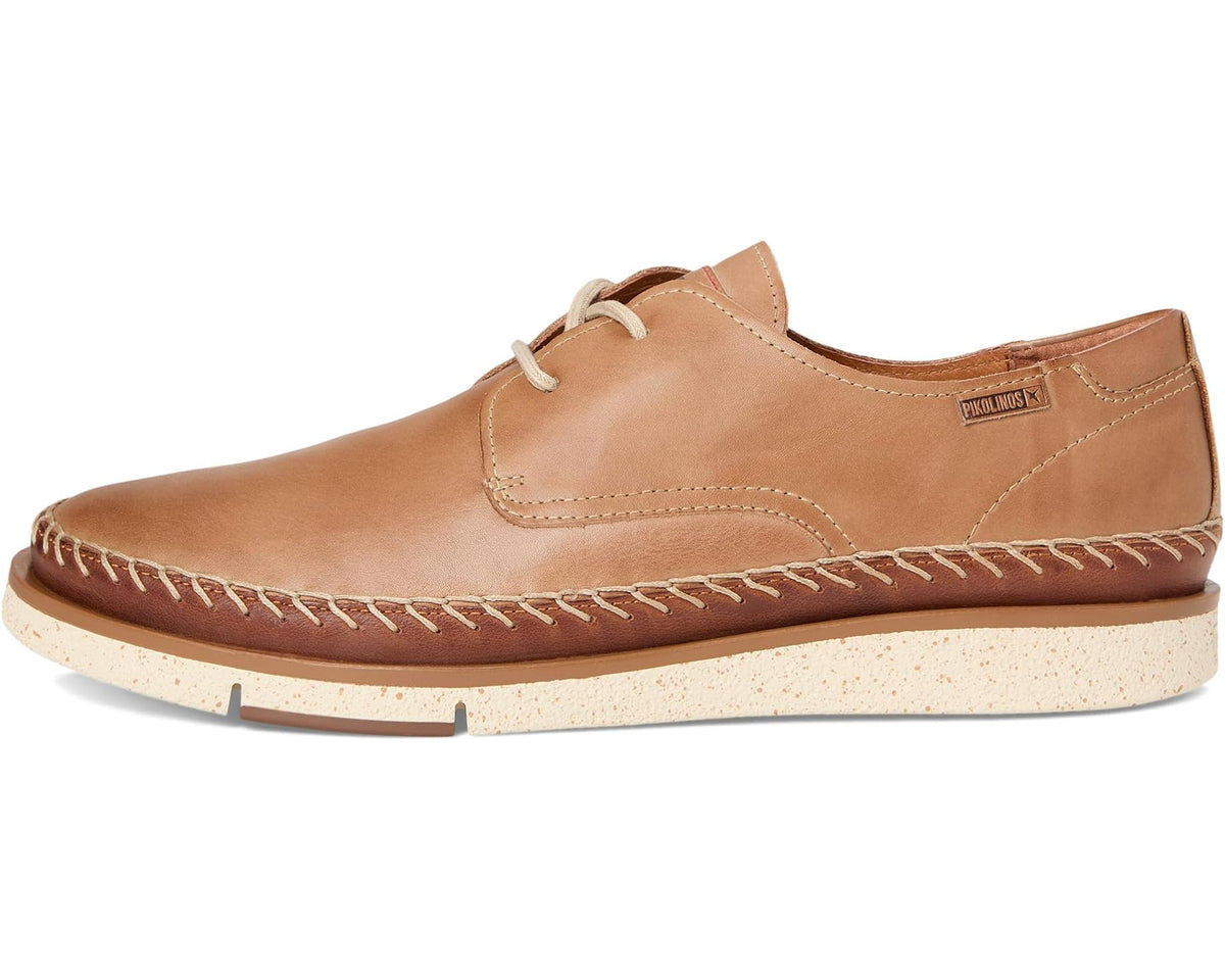 Men's tan leather lace-up casual shoe with contrast stitching and side heel tab
