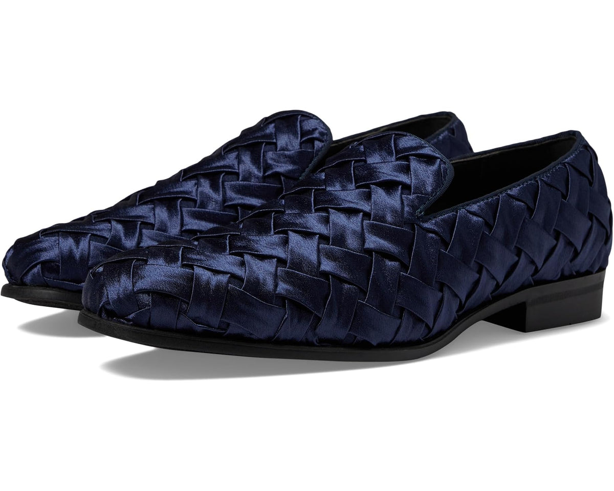 Navy satin woven slip-on loafer with low block heel and cushioned sole