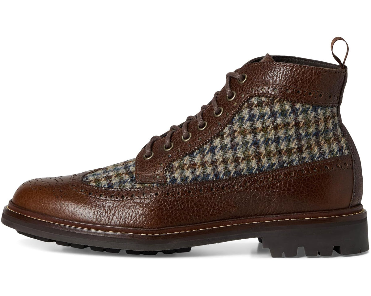 Chocolate brown lace-up ankle boots with blue-green patterned tweed shaft