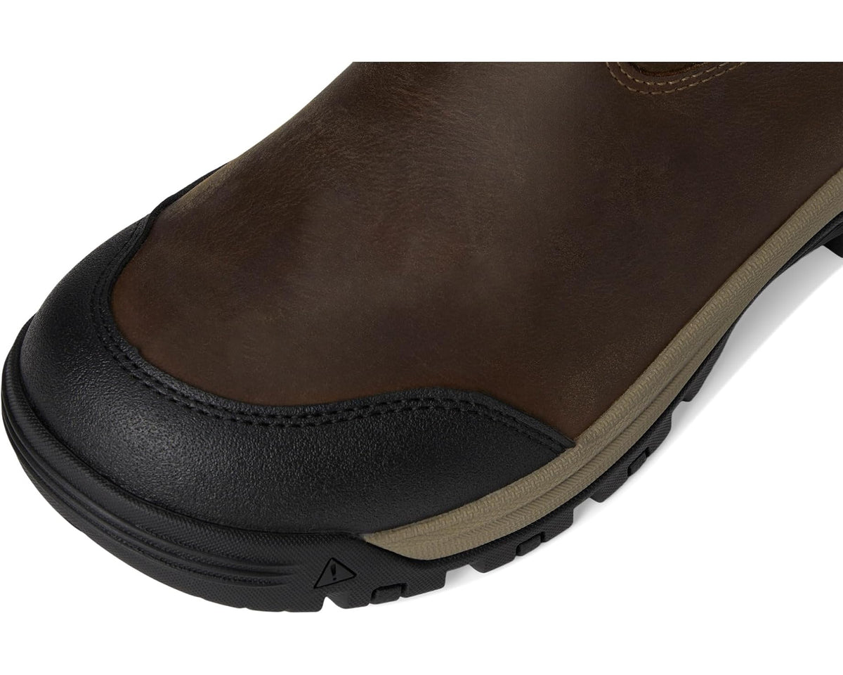 Brown suede-style boot upper with black toe cap and textured rubber sole