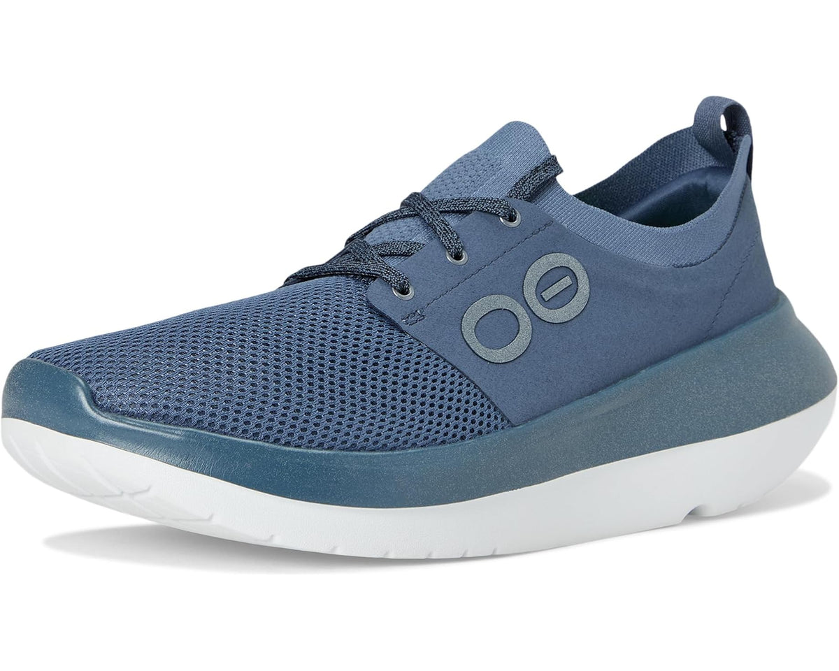 Men's OOFOS OOmy Stride lace-up sneakers, Moroccan Blue mesh upper with logo