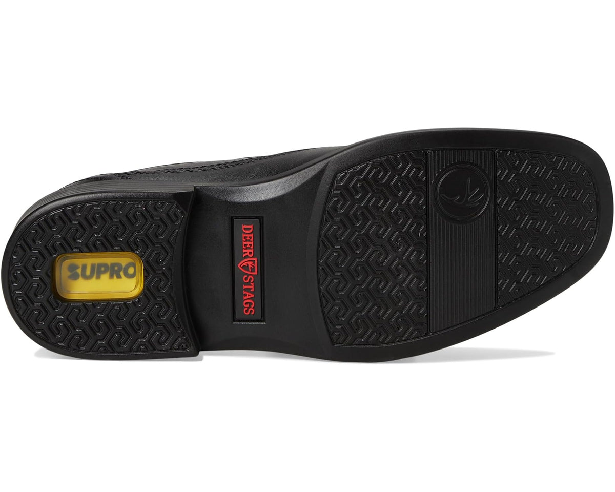 Black rubber outsole with textured tread and vertical heel side panel