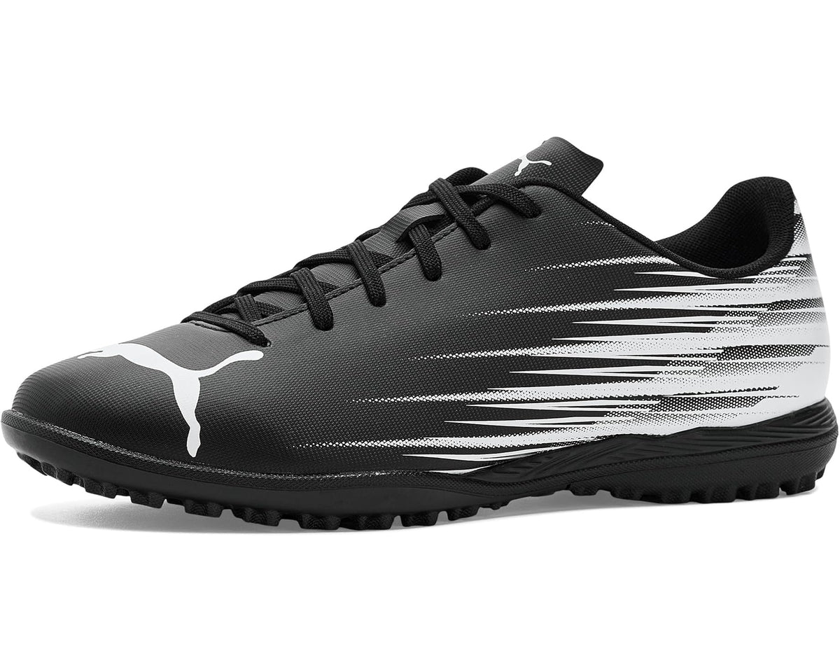 Black and white turf training soccer cleat with PUMA logo, lace-up, stripe graphics