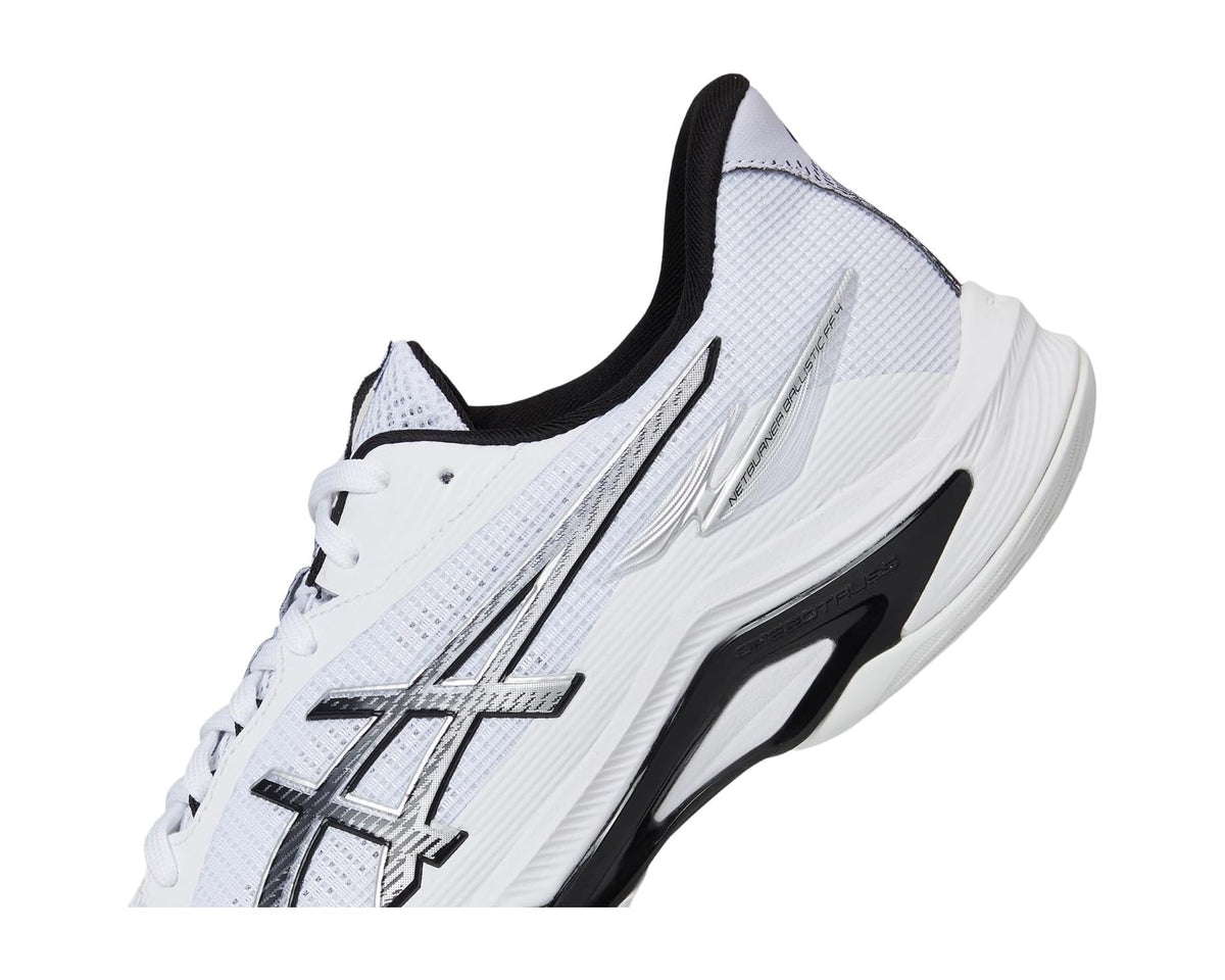 Men's ASICS lace-up shoe quarter view, white mesh with black logo overlay.
