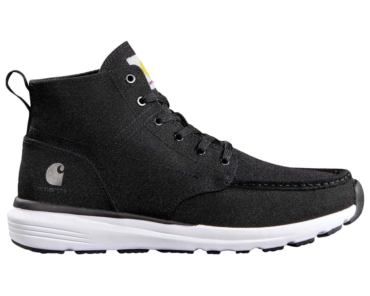 Black canvas chukka boot side view with moc toe and white outsole
