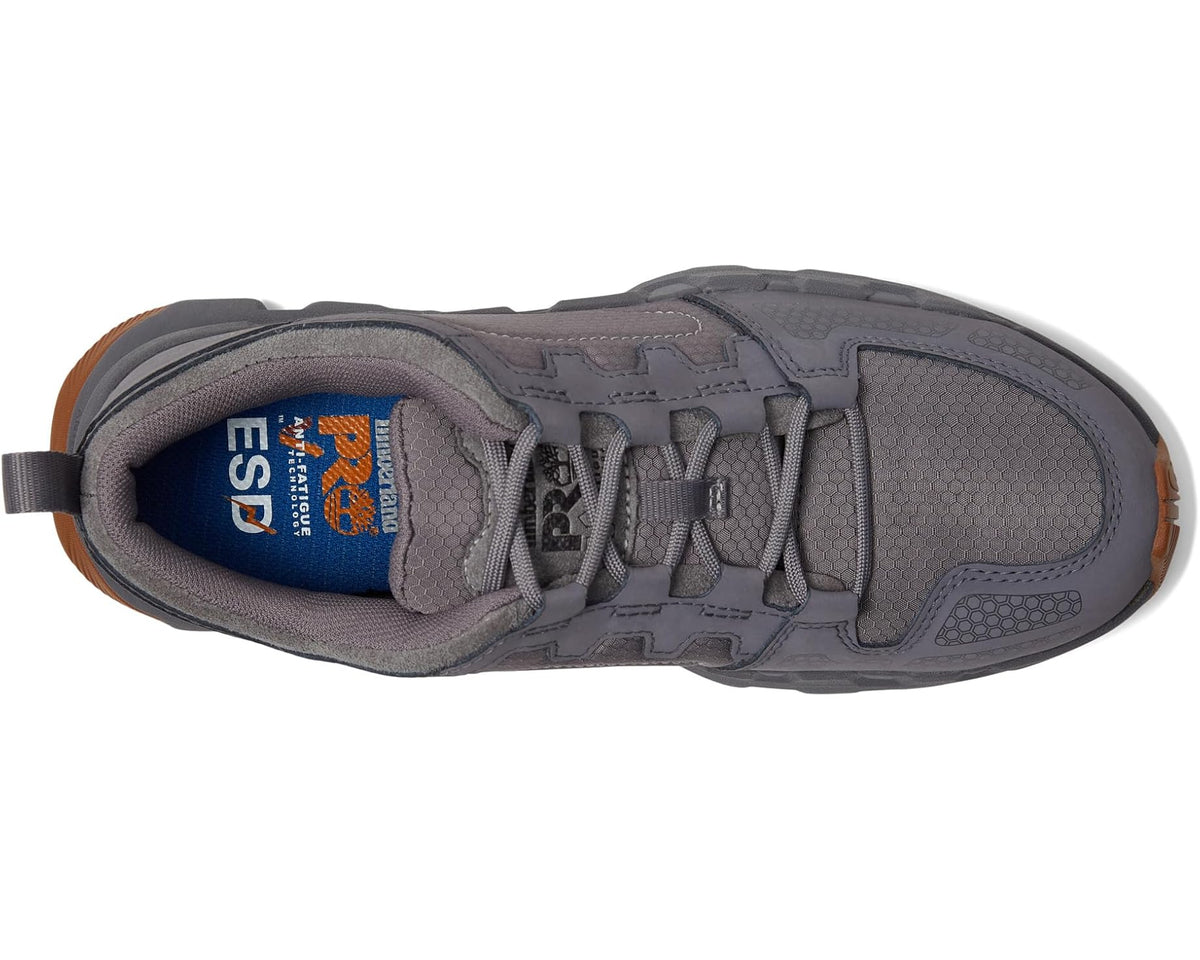 Medium grey lace-up work shoe with padded collar and blue inner lining