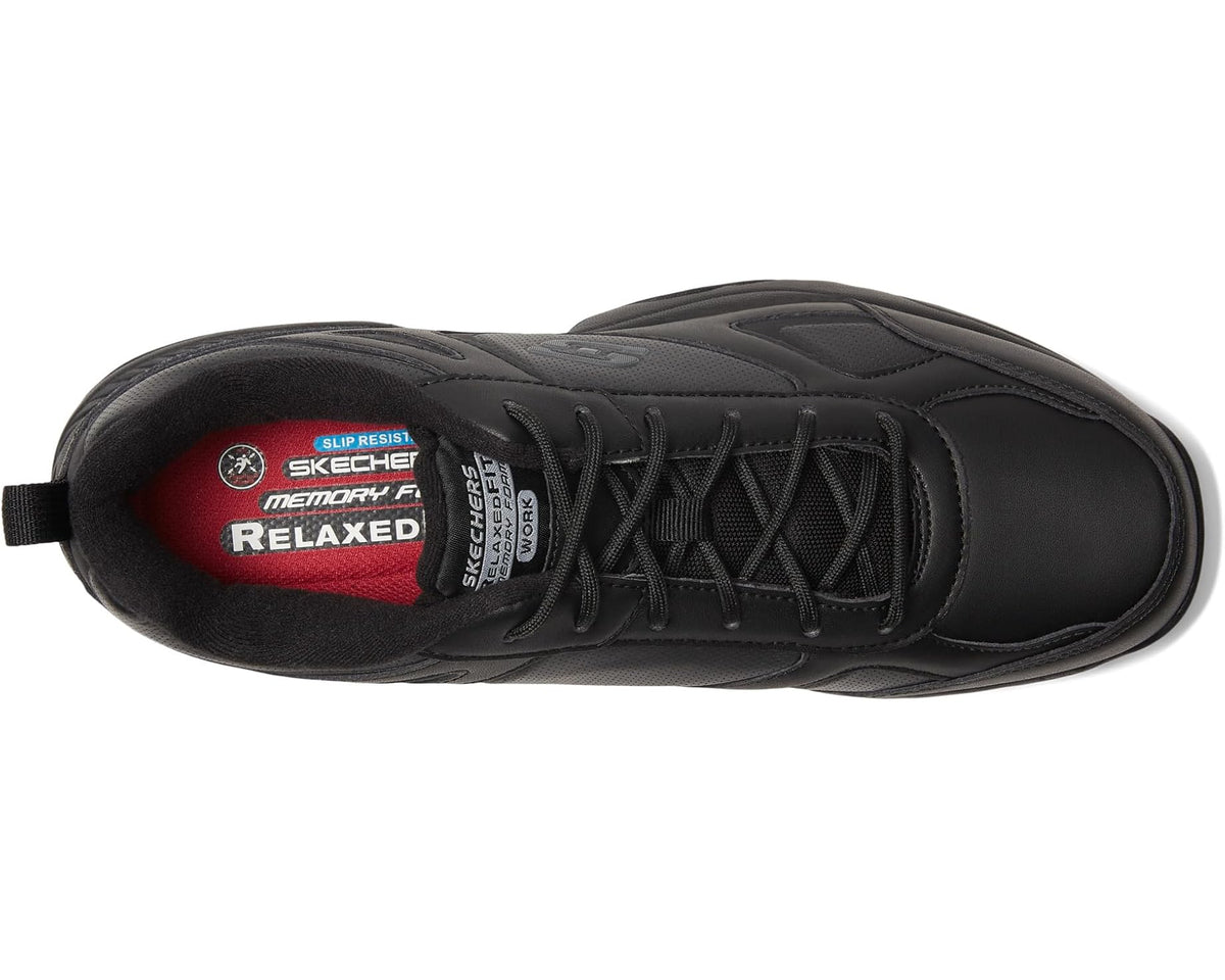Black lace-up work shoe with red cushioned lining and SKECHERS logo