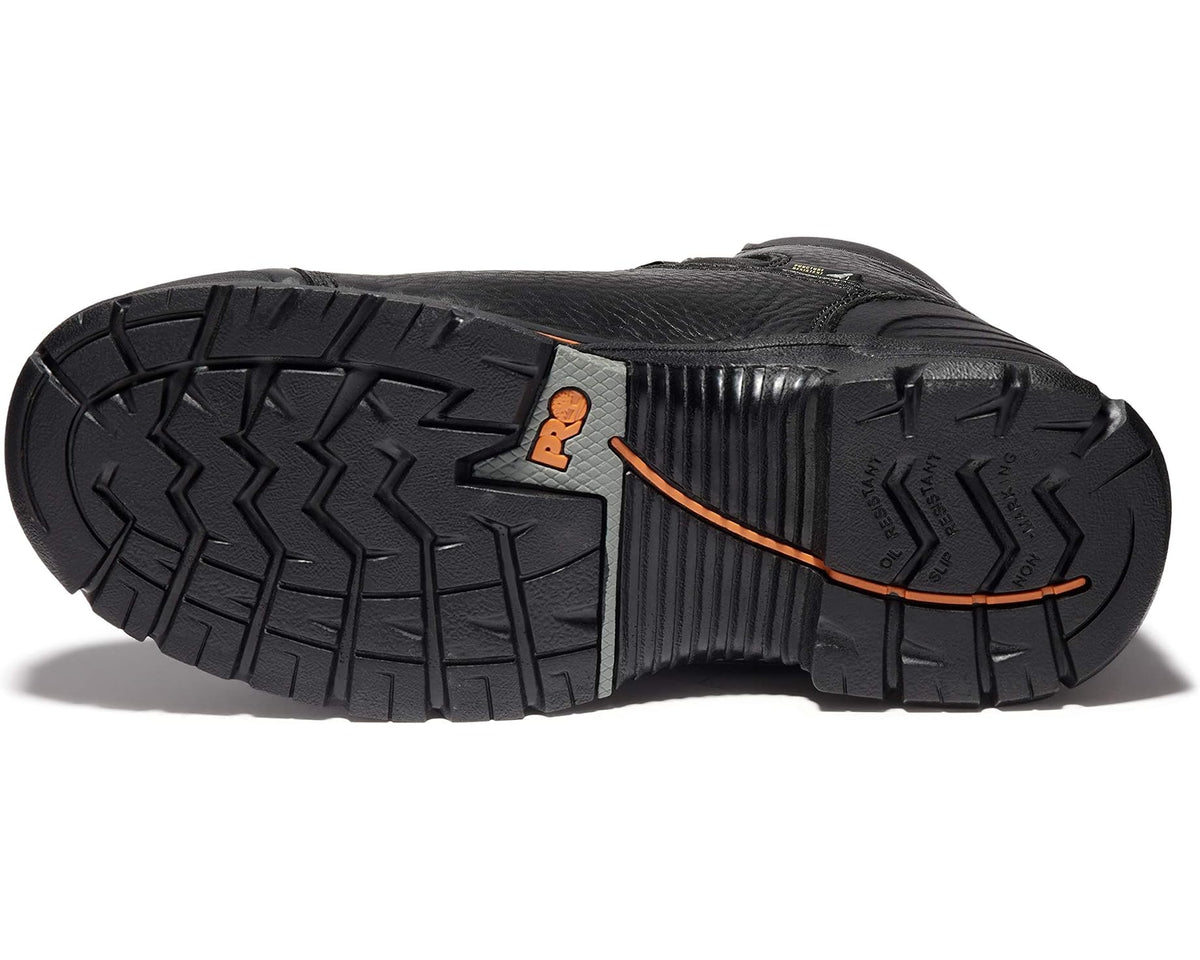 Boot outsole with deep tread and orange side accents for grip