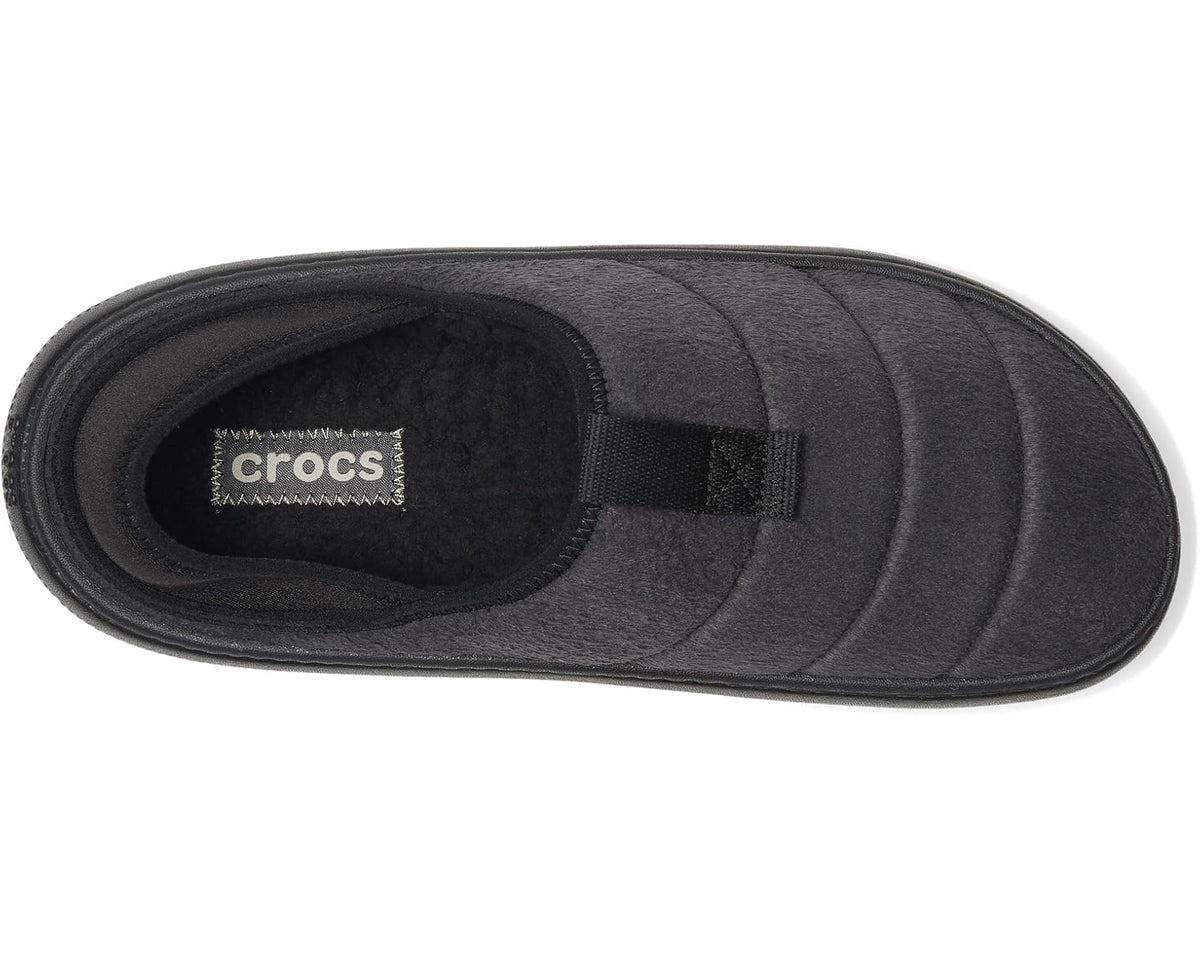 Black suede slip-on clog interior with Crocs logo on insole