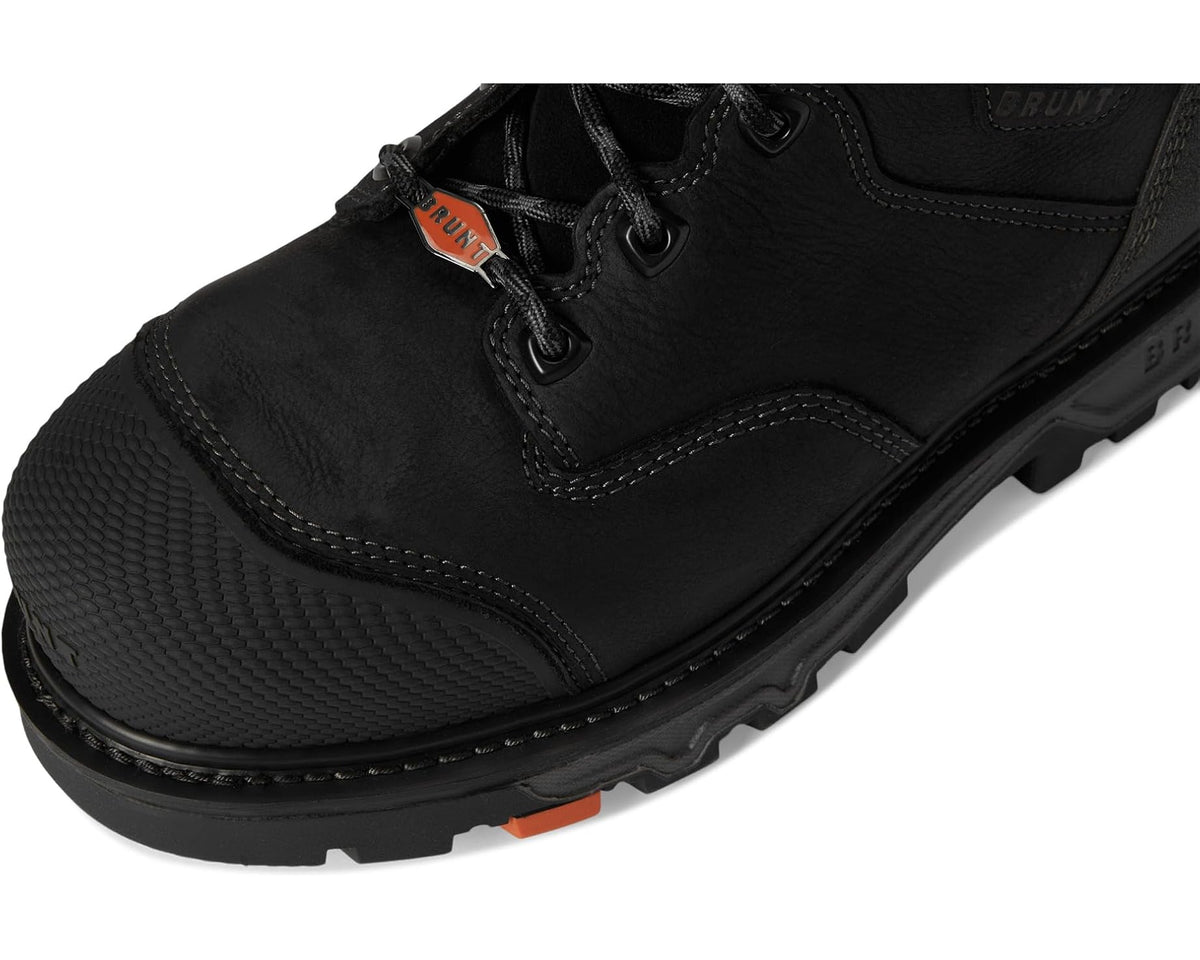 Men's black leather work boot, textured toe and lace-up eyelets