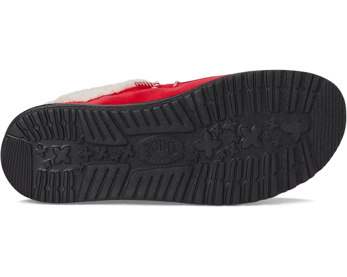 Men's red Hey Dude slip-on shoe outsole with textured tread and star pattern