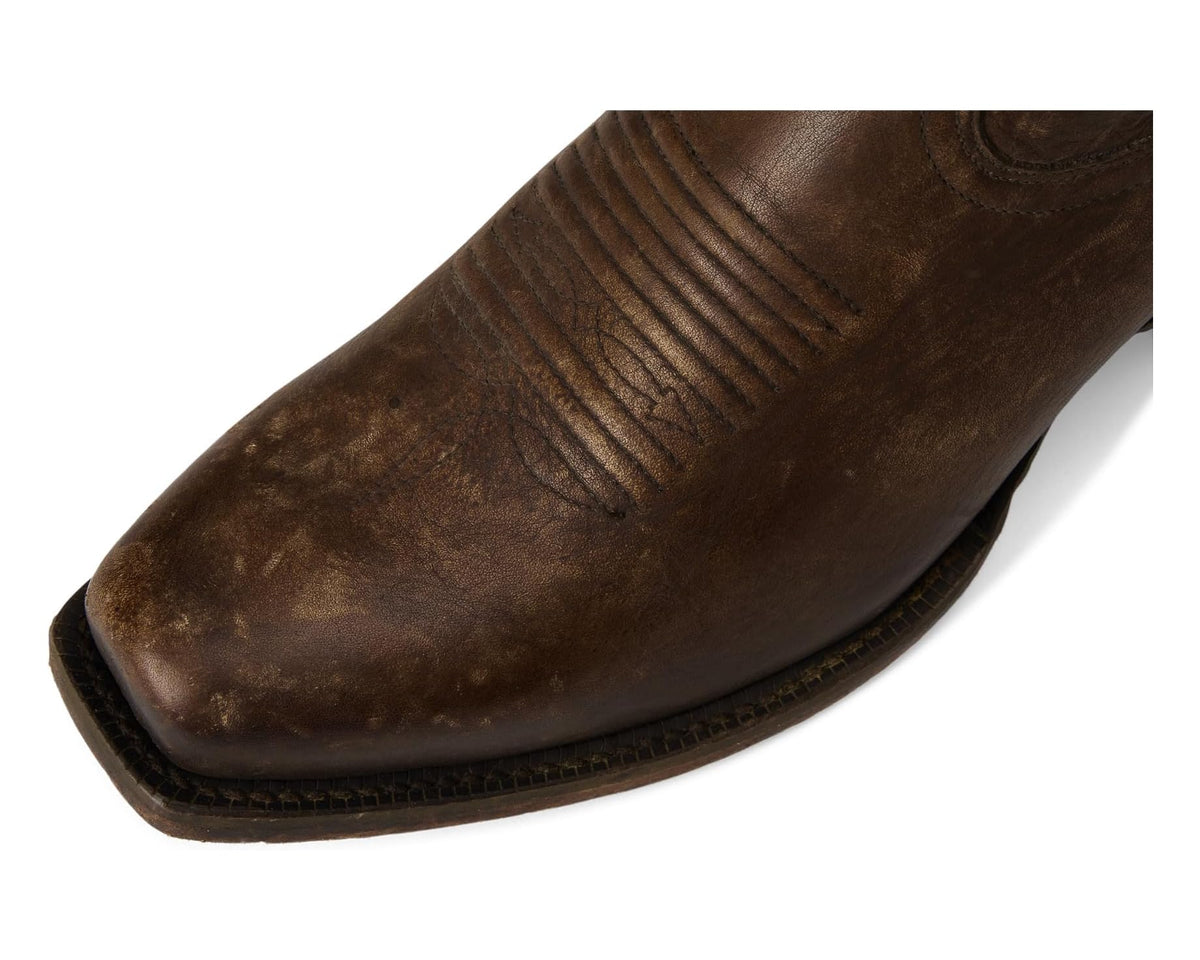 Men's Ariat stonewashed brown boot toe and stitch detail, close-up
