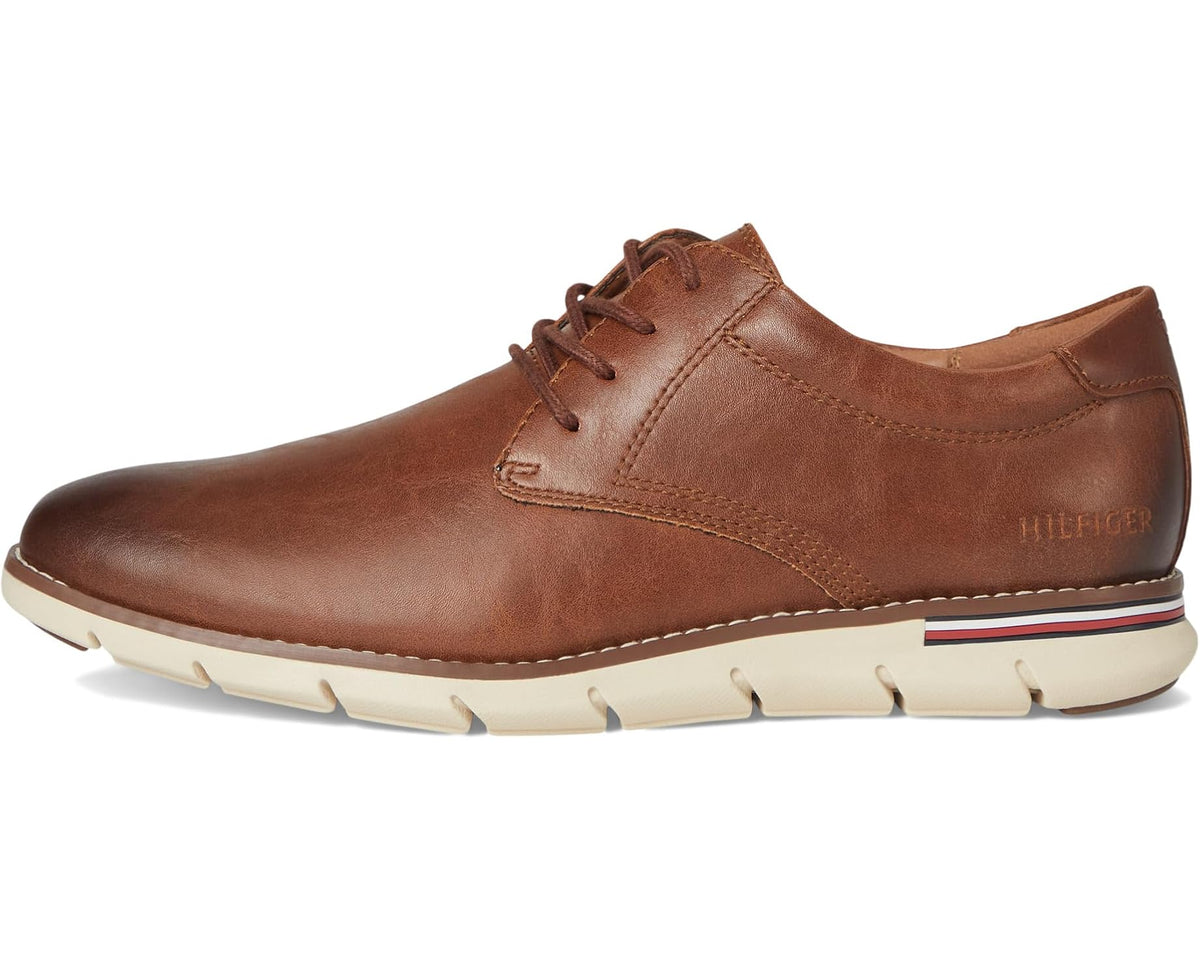 Men's Tommy Hilfiger cognac leather lace-up oxford sneaker, contrast stripe trim
