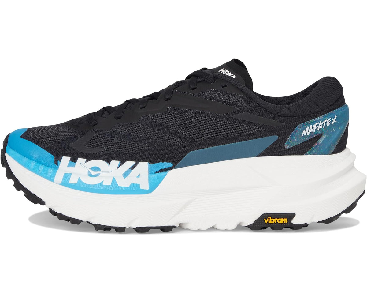Men's Hoka Mafate X trail shoe, black upper with skyward blue side panel and white midsole