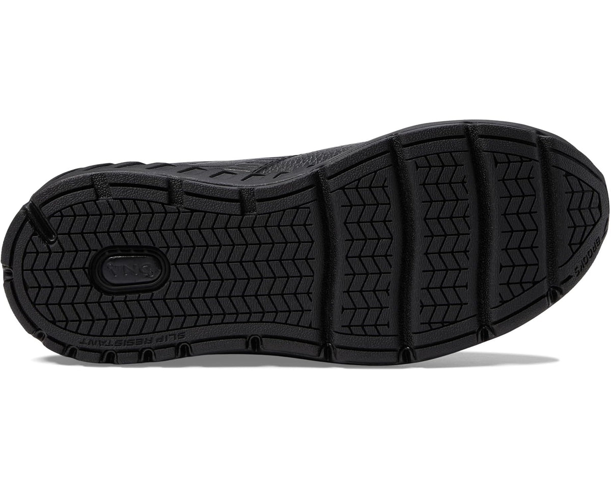 Men's black walking shoe outsole with tread pattern and cushioned heel
