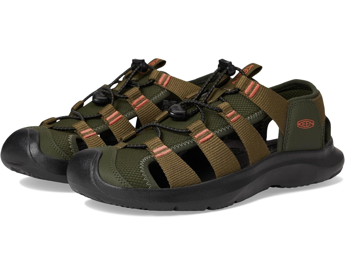 Men's KEEN hiking sandals in dark olive with brown/red striped webbing straps and black sole