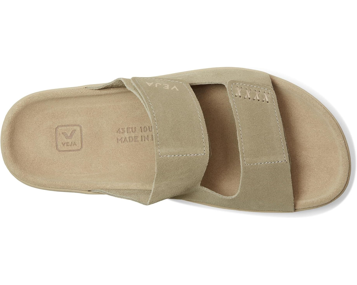 Men's VEJA Etna taupe slide sandal, side view with branded footbed and straps