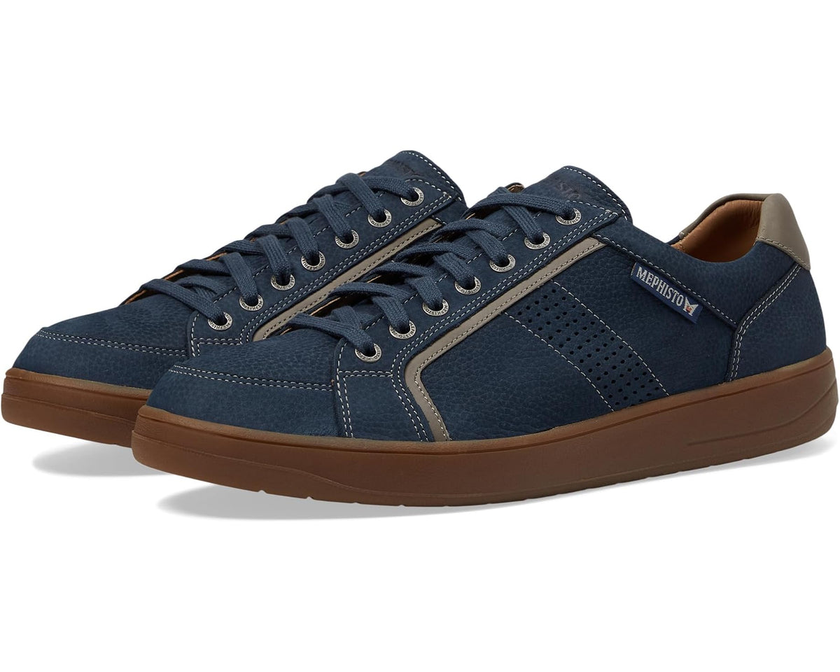 Mephisto Harrison men's blue fabric lace-up sneakers with contrast stitching and gum outsole