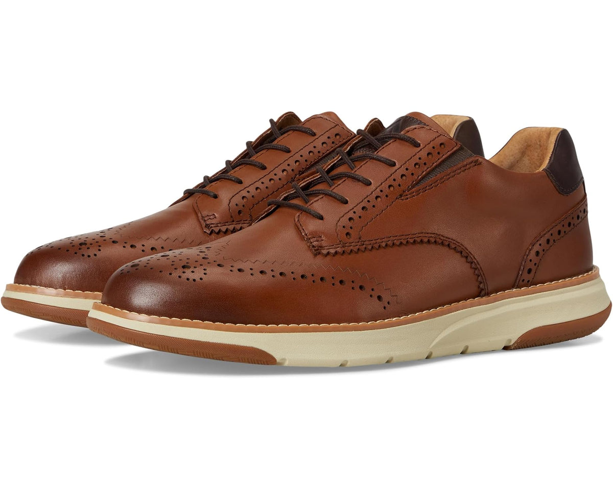 Men's lace-up oxford sneakers in tan/brown leather with brogue perforations and white sole