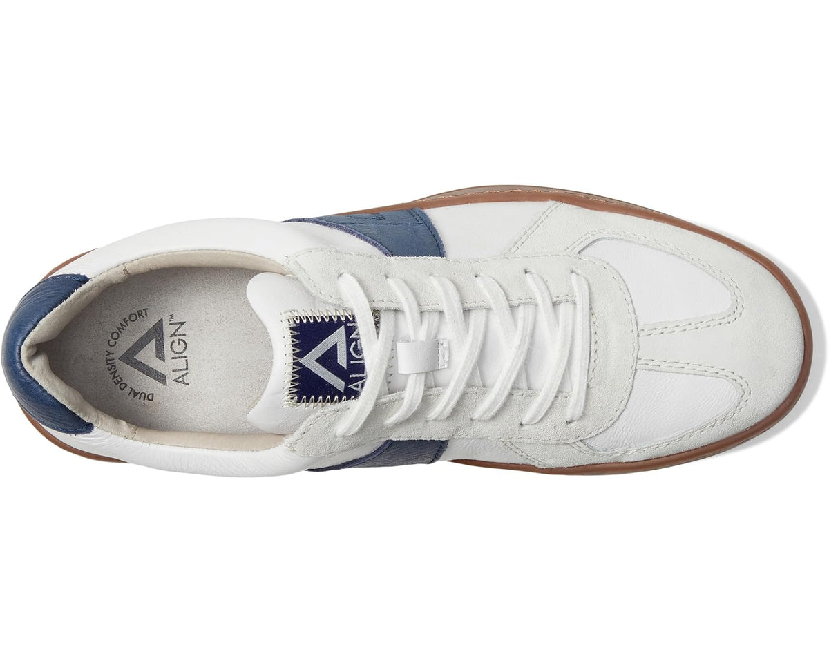 Men's lace-up sneakers in white with navy heel panel and tan outsole