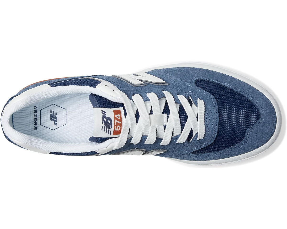 Indigo/white lace-up sneaker with padded tongue label and white laces