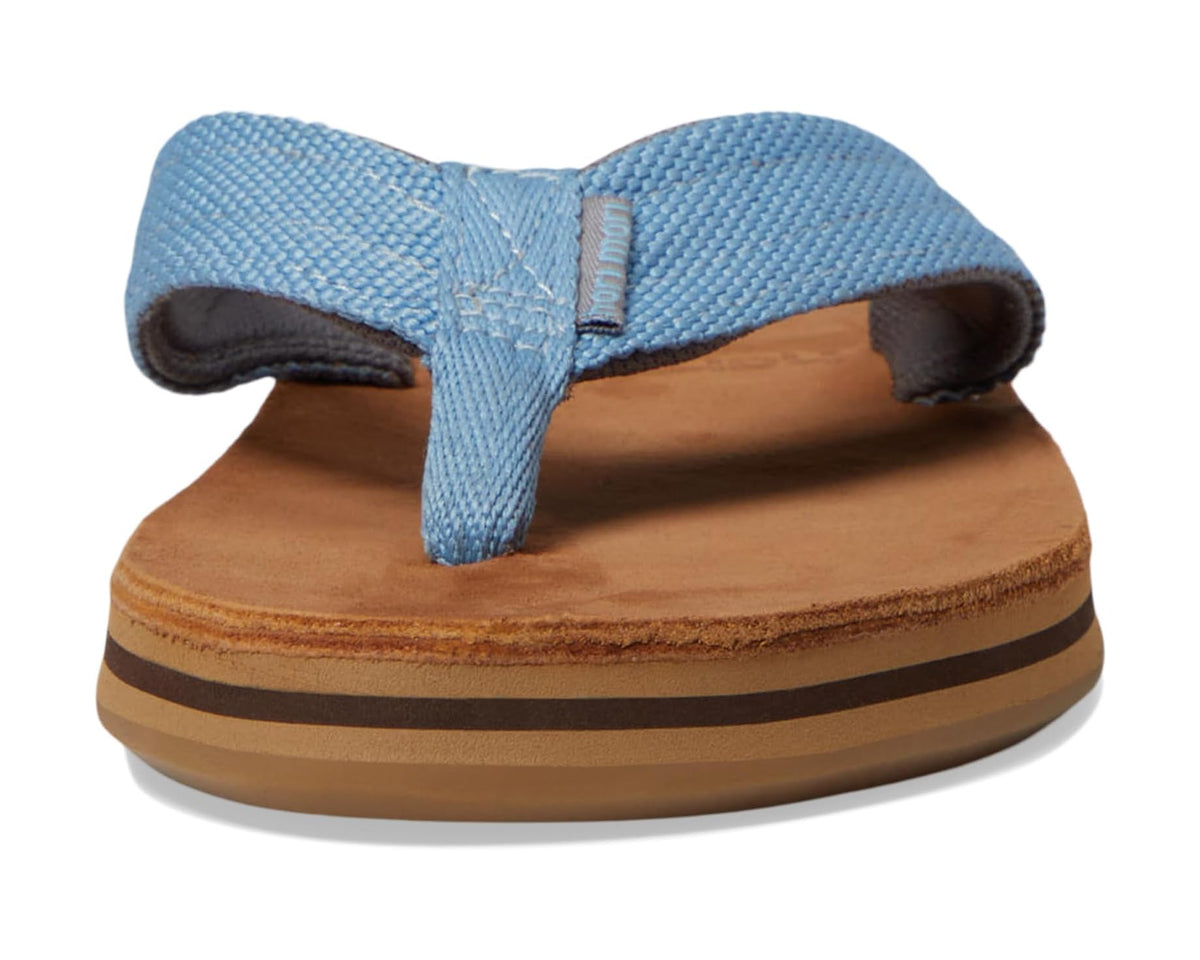 Sky blue thong strap flip-flops with brown cushioned footbed and stitched strap