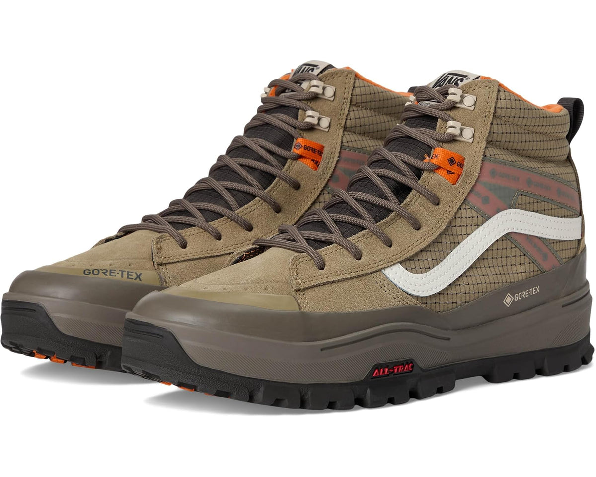 Brown and khaki high-top GORE-TEX insulated sneakers with white side stripe and orange accents