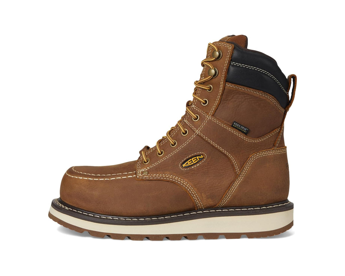 Men's KEEN lace-up work boot with black back panel, brown leather upper, and tan stitching