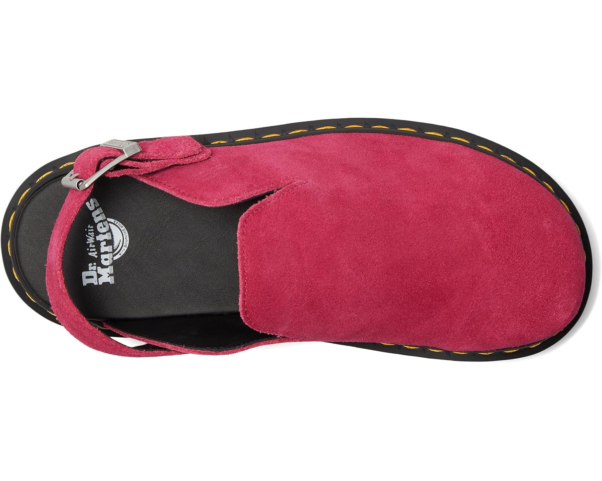 Fuchsia pink mule shoe with side strap and black interior lining on outsole