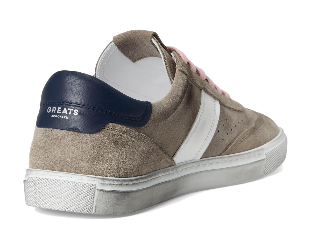 Men's GREATS grey suede sneakers with navy heel tab, white midsole, pink laces