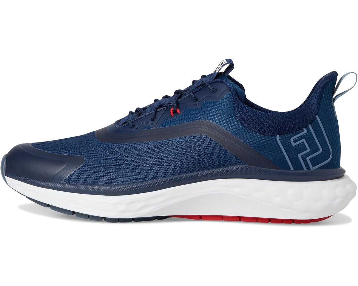 Women's FootJoy athletic sneaker, navy upper with teal side panel and white sole