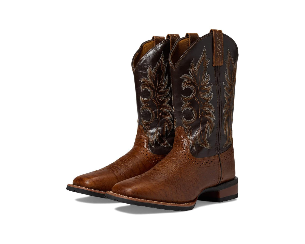 Brown western cowboy boots with ornate floral embroidery and pull tabs, low heel sole.