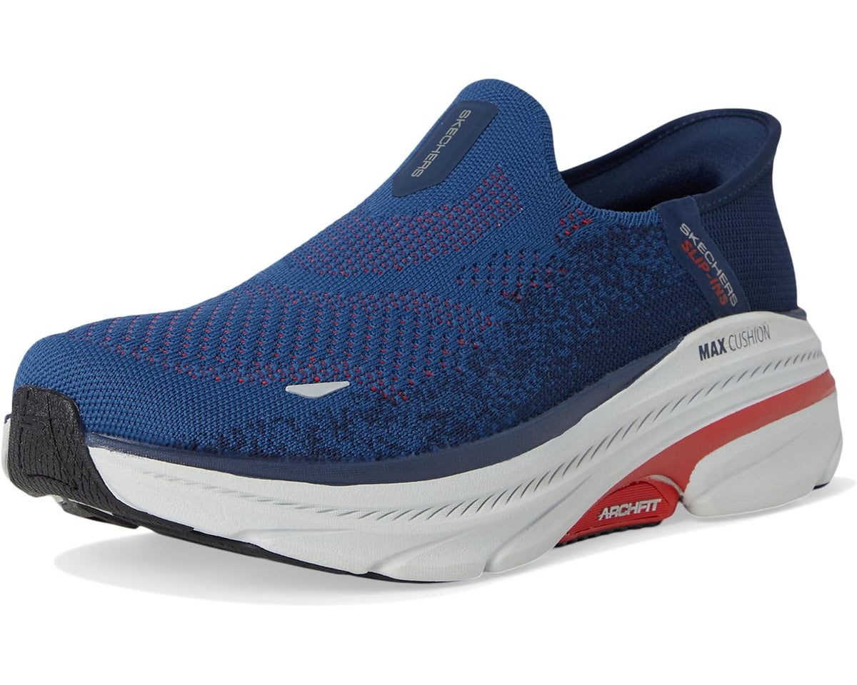 Men's SKECHERS slip-on sneakers, navy knit upper with red heel stripe and cushioned sole