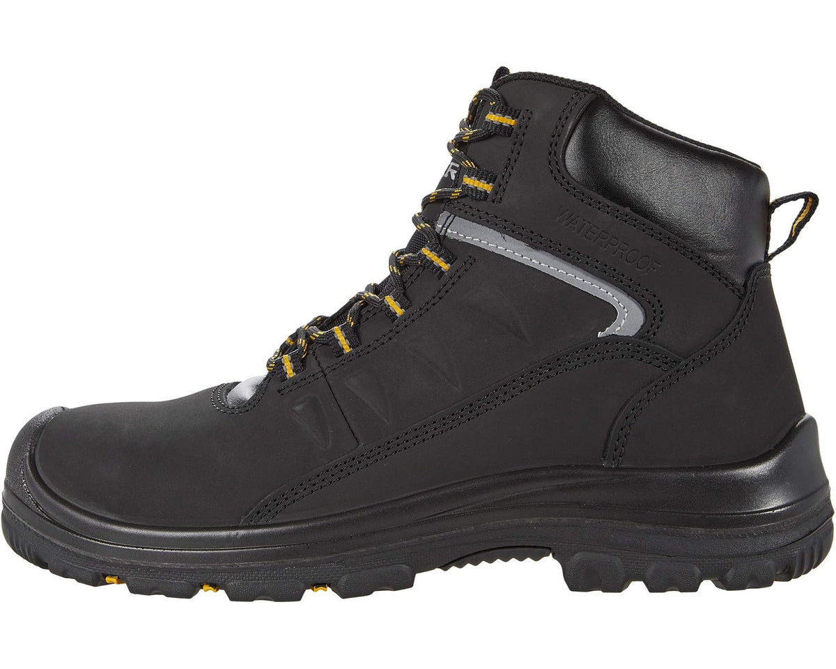 Men's black mid-cut boot with gray side stripe, lace-up design, and pull loop
