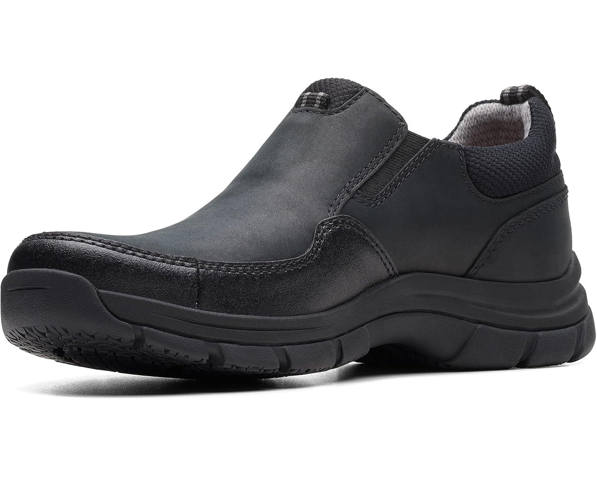 Clarks Walpath Step men's black leather slip-on shoes, side view