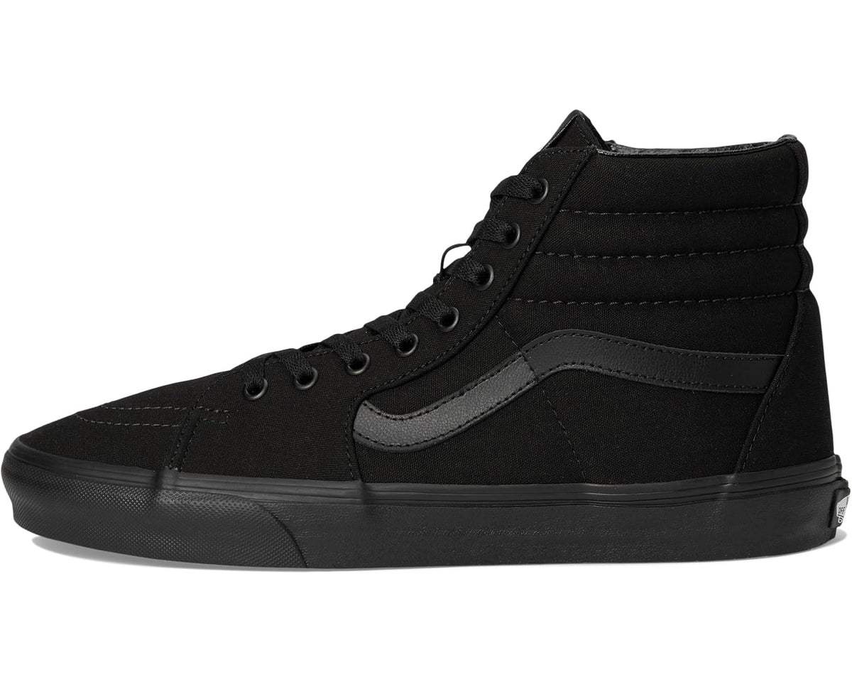 Black canvas high-top sneaker with side stripe and lace-up closure.