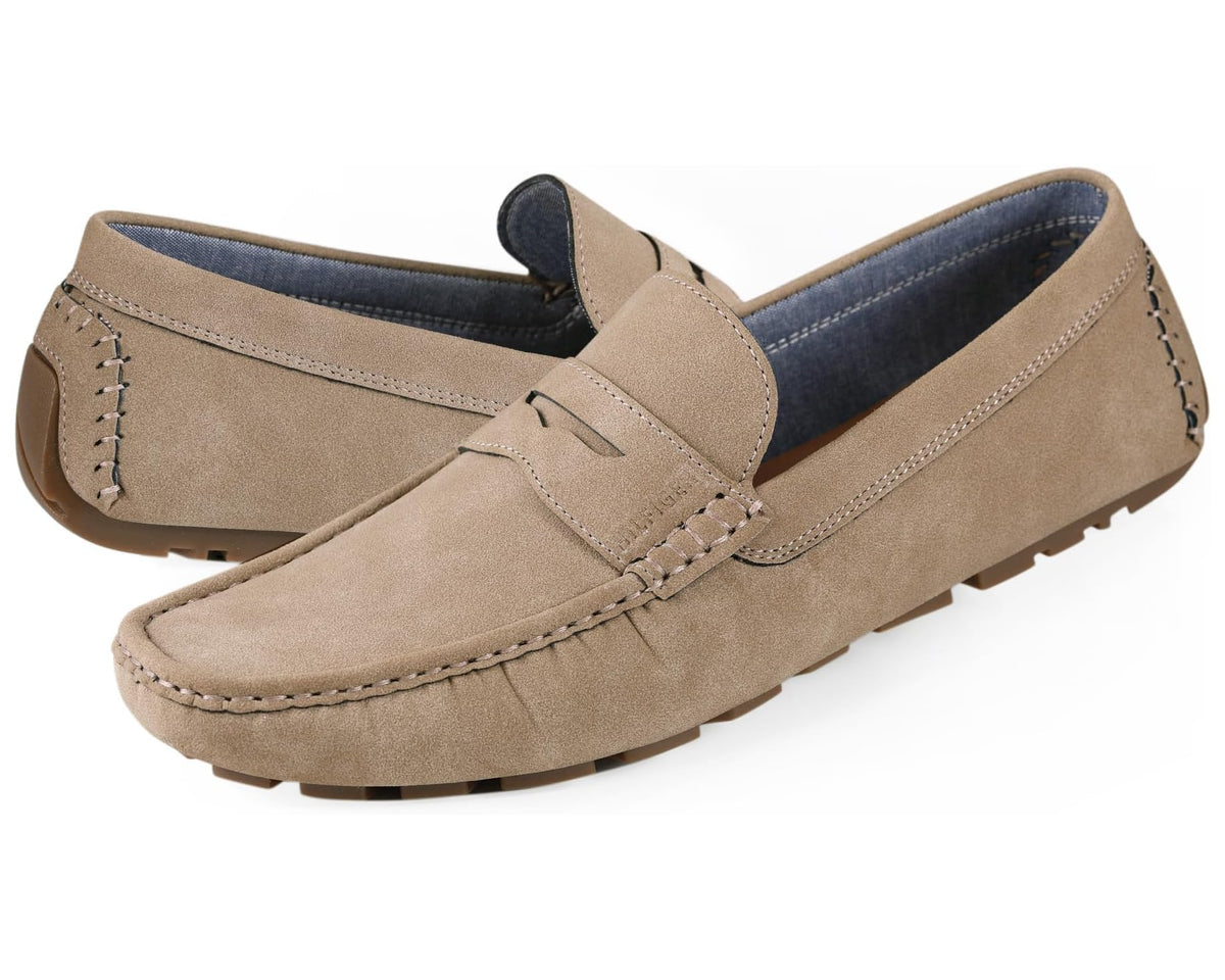 Tommy Hilfiger taupe suede loafers with moc toe stitching and rubber sole