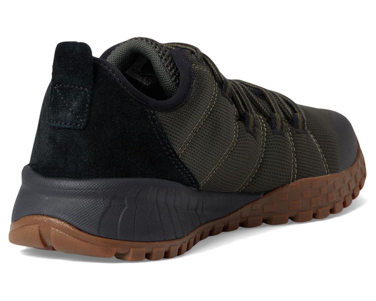 Men's low-top hiking shoe heel and side in dark olive with black collar and brown sole