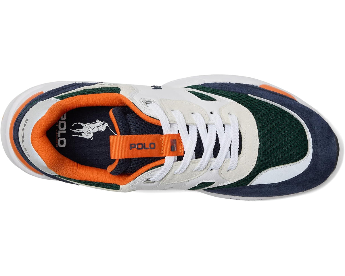 Men's Polo Ralph Lauren Polo Jogger sneakers, side view with orange collar and POLO tag