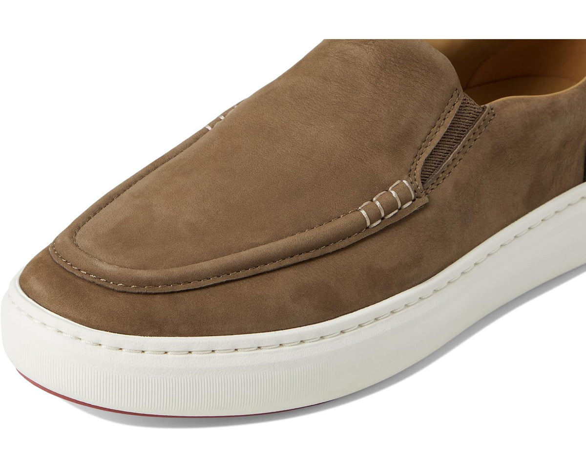 Taupe nubuck slip-on shoe upper with stitched strap detail and white midsole